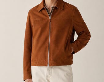 Mens Brown Suede Zip Up Bomber Jacket | Goatskin Leather Outerwear & Streetwear, Handmade