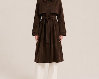 Dark Brown Suede Trench Coat Women – Belted Goatskin Suede Luxury Long Outerwear