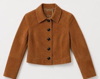 Brown Suede Cropped Jacket for Women – Goatskin Suede Button-Up Outerwear with Collar