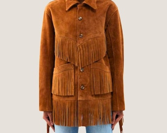Brown Suede Fringe Jacket Women, Western Cowgirl Coat, Boho Festival Outerwear, Vintage Rodeo Style Coat