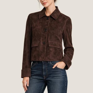 Chaqueta corta de ante marrón café - Abrigo corto abotonado para mujer, prenda exterior hecha a mano