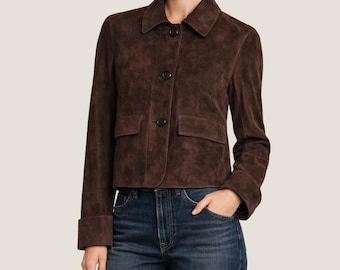 Chaqueta corta de ante marrón café - Abrigo corto abotonado para mujer, prenda exterior hecha a mano