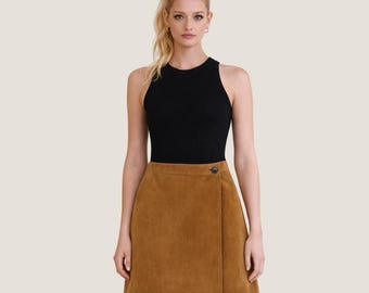 Women Brown Suede Skirt | Luxury A-Line Mini Skirt | Handmade Outerwear & Streetwear Fashion
