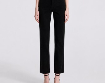 Black Suede Straight Leg Pants for Women – Handmade Luxury Trousers For Outerwear & Streetwear