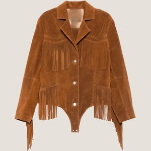 Hellbraune Wildlederfransenjacke für Damen - Handgefertigter westlicher Wildledermantel mit Knöpfen | Luxus Fransen Lederjacke für Damen - Cowgirl Streetwear