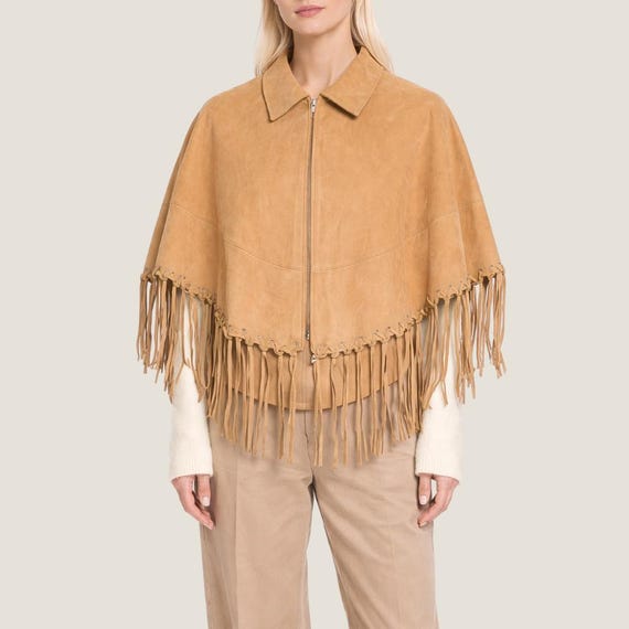 Tan Suede Fringe Cape Women – Western Poncho Jacket – Boho Inspired Outerwear & Streetwear