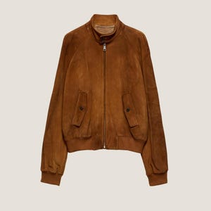 Men’s Brown Suede Bomber Jacket – Classic Goatskin Leather Outerwear – Vintage Streetwear Style Coat for Fall & Winter – Handmade Zipper