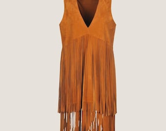 Brown Suede Fringe Dress Women – Sleeveless Western Inspired Outfit, Handmade Outerwear