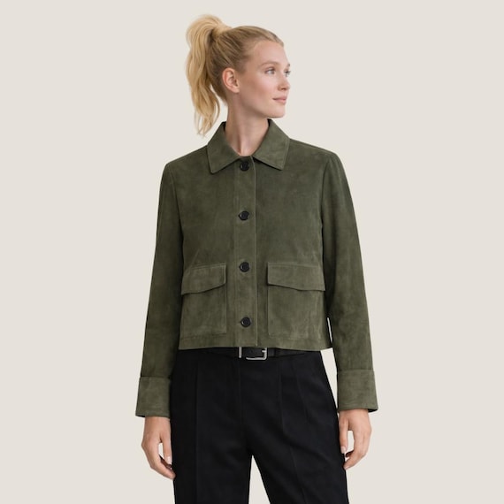 black dress with olive green jacket Suede Women | Cropped Button up Coat | Handmade Minimal Jacket for Women | Luxury Streetwear & Outerwear Harley Quinn Suicide Squad
