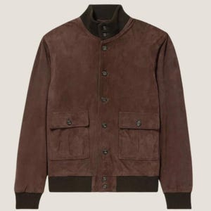 Dark Brown Suede Button Up Jacket Men – Western Leather Bomber Jacket – Handmade Streetwear Jacket - High Neck Jacket - Luxury Outerwear