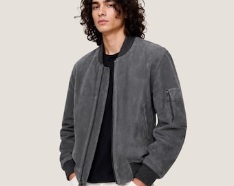 Grey Suede Bomber Jacket Men – Minimalist Streetwear Jacket, Handmade