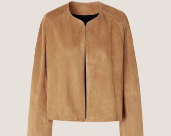 Handmade Tan Brown Suede Jacket - Minimalist Collarless Coat