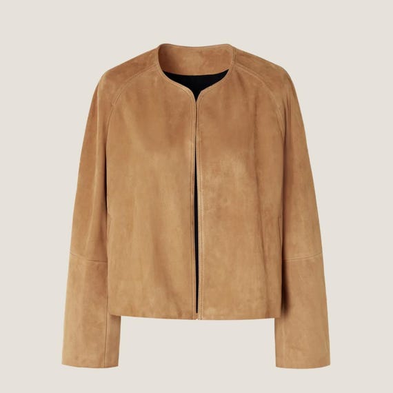 Handmade Tan Brown Suede Jacket - Minimalist Collarless Coat