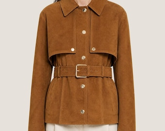 Brown Suede Belted Jacket Women - Luxury Coat For Outerwear, Handmade