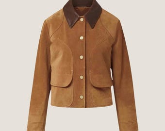 Handmade Brown Goatskin Suede Cropped Jacket – Leather Collar, Satin Lined
