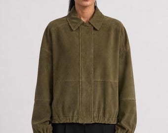 Olive Green Goatskin Suede Bomber Jacket – Minimalist Streetwear & Outerwear, Handmade