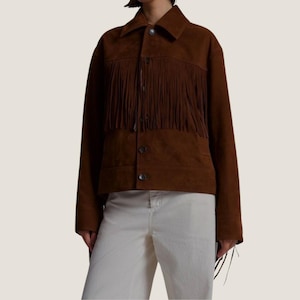 Dunkelbraune Wildleder-Fransenjacke für Damen - Echtes Wildleder im Westernstil mit Knöpfen - Ziegenleder-Lederjacke Damen - Boho Festival Outfit Jacke