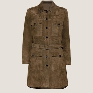 Mud Brown Suede Coat for Women – Belted Suede Trench Style Jacket – Elegant Button-Up Outerwear – Luxury Midi Trench For Casual Wear