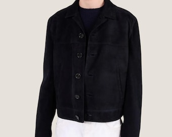 Handmade Black Suede Jacket Men – Minimalist Goatskin Button-Up Coat