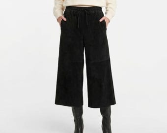 Black Goatskin Suede Cropped Wide Leg Trousers for Women | Black Streetwear Leather Culottes, Handmade