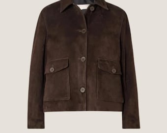 Handgefertigte Ziegen-Velourlederjacke - Damen-Dunkelbraun-Mantel mit Knöpfen
