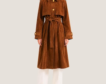 Brown Suede Trench Coat Women – Belted Goatskin Leather Long Luxury Outerwear, Handmade