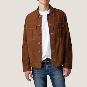 Brown Suede Button Up Jacket Men – Western Leather Trucker Jacket – Handmade Streetwear Jacket - Men&#39;s Bomber Jacket - Outerwear Fashion