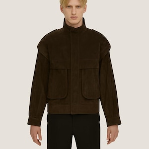 Mocha Brown Suede Bomber Jacket Men – Genuine Leather Outerwear – Handmade Luxury Fall & Winter Coat – Vintage Statement High Neck Jacket