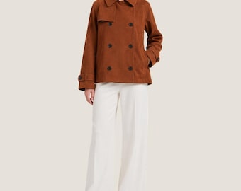 Women’s Brown Suede Trench Coat – Double Breasted Goatskin Leather Streetwear Jacket