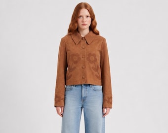 Women’s Brown Goatskin Suede Cropped Jacket – Floral Appliqué Designer Outerwear & Streetwear, Handmade