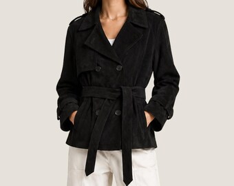 Black Suede Trench Jacket Women - Double Breasted Belted Coat - Handmade Streetwear & Outerwear