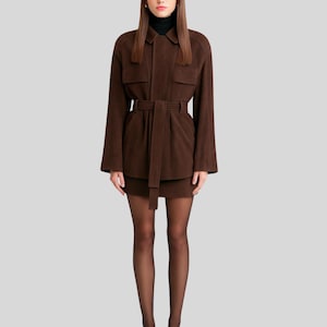 Women’s Brown Suede Belted Coat – Luxury Genuine Leather Long Jacket | Utility Style Belted Suede Trench for Women | Fall Winter Outerwear