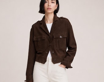 Coffee Brown Cropped Suede Jacket Women – Minimal Streetwear & Outerwear, Handmade