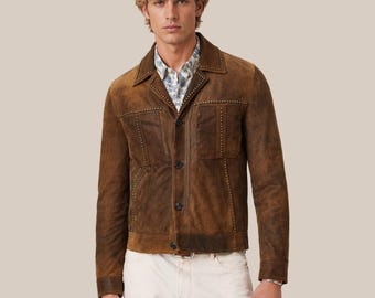 Mens Brown Suede Jacket - Hand Painted Vintage Goatskin Leather