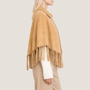 Tan Suede Fringe Cape Women – Western Poncho Jacket – Boho Inspired Outerwear & Streetwear image 2