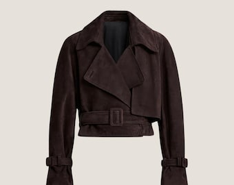 Chaqueta corta de ante de cabra marrón oscuro – Abrigo con cinturón y forro de satén