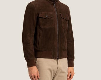 Men’s Goatskin Suede Bomber Jacket – Chocolate Brown Satin Lined Outerwear