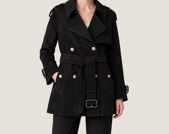 Women's Black Suede Short Trench Coat – Double Breasted Belted Jacket, Handmade Outerwear