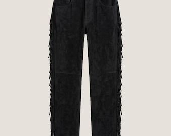 Black Fringe Suede Pants for Men – Western Goatskin Leather Trousers, Handmade