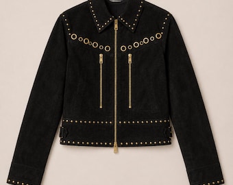 Black Cropped Suede Jacket Women – Gold Studded Goatskin Leather Luxury Streetwear, Handmade