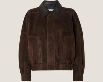 Goatskin Suede Bomber Jacket – Dark Brown Leather Collar, Handmade