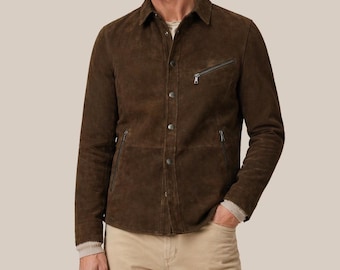 Dark Brown Suede Jacket Men - Shirt Style Streetwear, Handmade