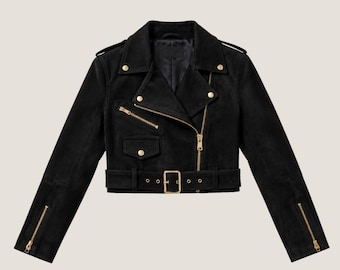 Black Cropped Suede Jacket for Women | Belted Designer Streetwear | Goatskin Leather with Gold Zipper Accents