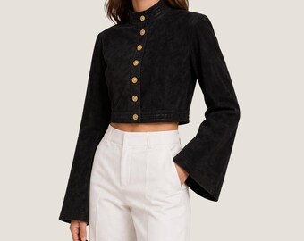 Black Cropped Suede Jacket Women With Flared Sleeves - Gold Button Designer Coat, Handmade