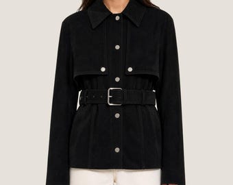 Black Suede Jacket Women - Belted Coat - Long Sleeve, Handmade Outerwear
