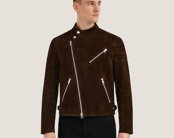 Dark Brown Suede Biker Jacket Men – Goatskin Leather Motorcycle Jacket, Satin Lined Vintage Zip Coat