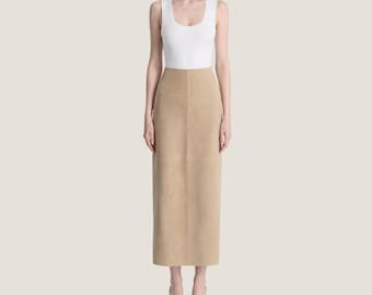 Tan Suede Maxi Pencil Skirt Women – Handmade Goat Suede Luxury Skirt