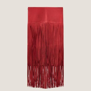 Red Suede Fringe Skirt – Luxury Goatskin Party Mini Skirt with Satin Lining | Western Style – Limited Edition Statement Outfit for Women