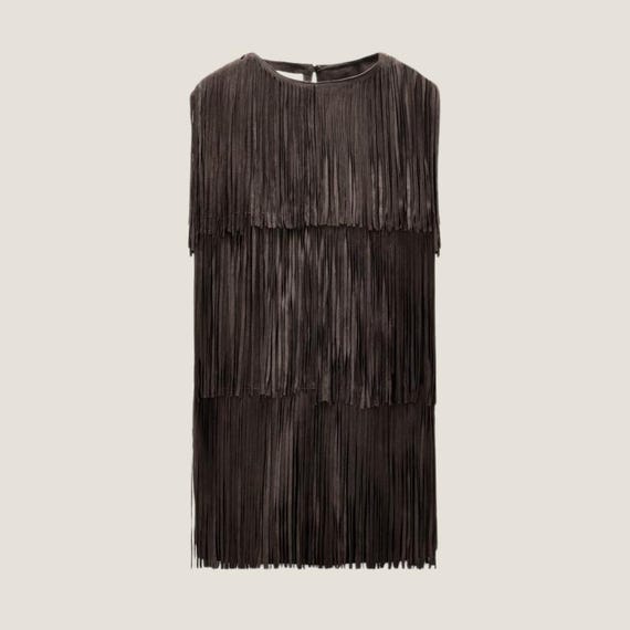 western style tassel brown suede vest mini dress Double Fringe Suede Dress- Ivory S