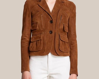 Womens Brown Suede Cropped Jacket - Goatskin Tailored Blazer, Handmade Outerwear